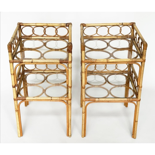 376 - BAMBOO LAMP TABLES, a pair, 1970s bamboo framed and cane bound each with two glass shelves and galle... 