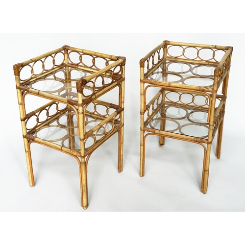 376 - BAMBOO LAMP TABLES, a pair, 1970s bamboo framed and cane bound each with two glass shelves and galle... 