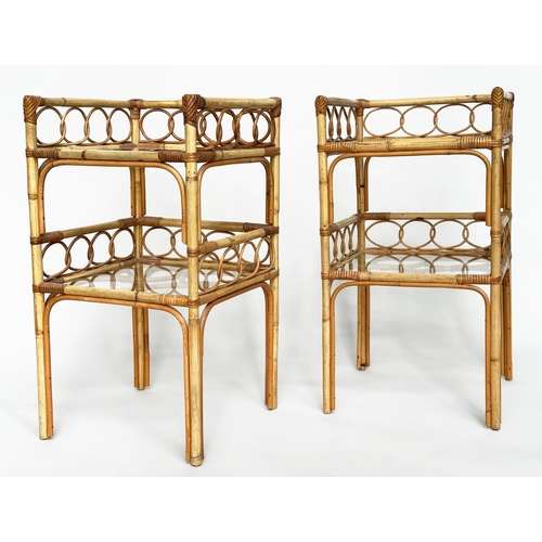 376 - BAMBOO LAMP TABLES, a pair, 1970s bamboo framed and cane bound each with two glass shelves and galle... 