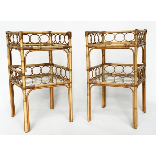 376 - BAMBOO LAMP TABLES, a pair, 1970s bamboo framed and cane bound each with two glass shelves and galle... 