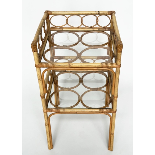 376 - BAMBOO LAMP TABLES, a pair, 1970s bamboo framed and cane bound each with two glass shelves and galle... 