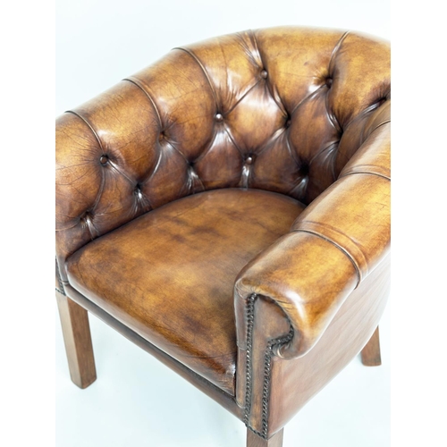 377 - LIBRARY ARMCHAIR, Georgian style brass studded natural tan buttoned leather, with curved back and sq... 