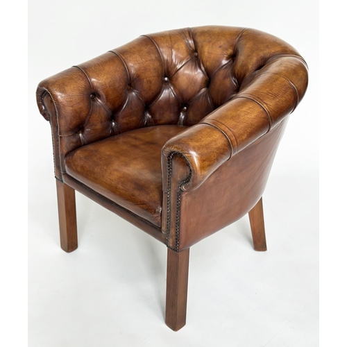 377 - LIBRARY ARMCHAIR, Georgian style brass studded natural tan buttoned leather, with curved back and sq... 