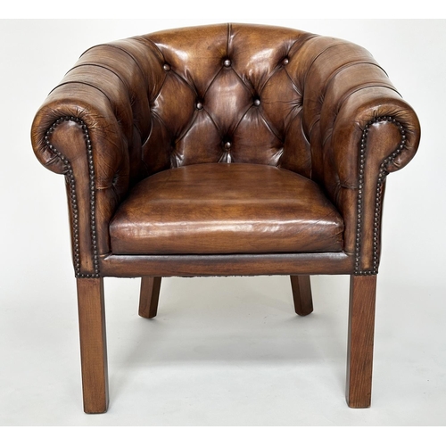 377 - LIBRARY ARMCHAIR, Georgian style brass studded natural tan buttoned leather, with curved back and sq... 