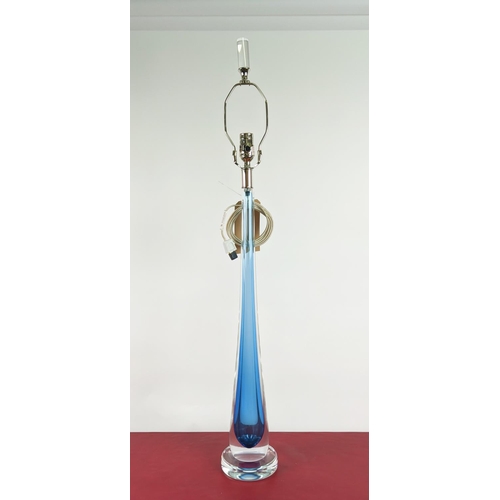 416 - STUDIO A HOME TABLE LAMP, slender blue glass design with shade carrier, 100cm H.