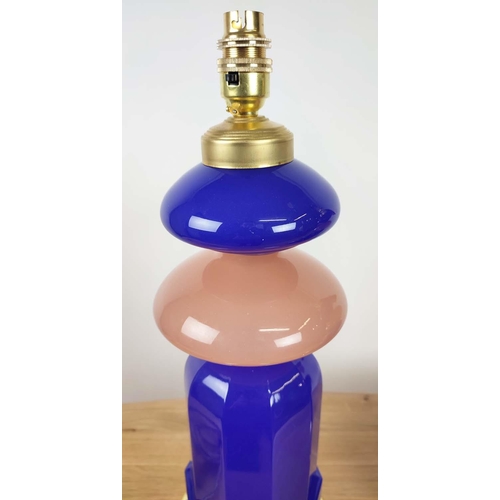 418 - CENEDESE MURANO GLASS TABLE LAMPS, a pair, cobalt blue and rose pink opaline glass, on brass bases, ... 