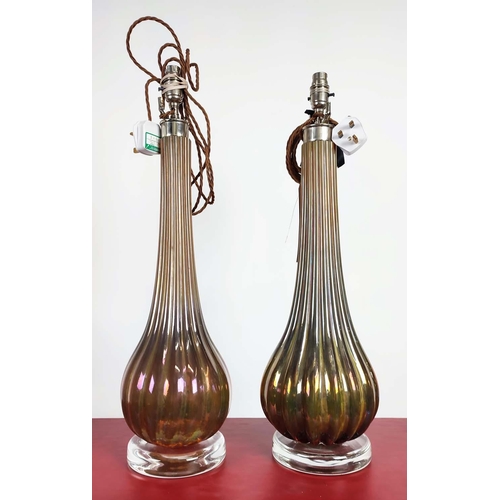 422 - PAOLO MOSCHINO AMBER RIBBED ART TABLE LAMPS, a near pair, 65.5cm H at tallest approx. (2)