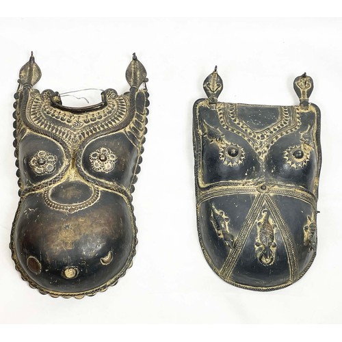 33 - SOUTH INDIAN BRONZE BREAST PLATES, two, repousse decorated with snakes and bejewelled torso, (kavach... 