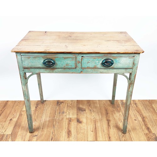 371 - WRITING TABLE, 19th century, the pine top on a blue distressed painted base, 83cm W x 47cm D x 77cm ... 