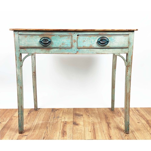 371 - WRITING TABLE, 19th century, the pine top on a blue distressed painted base, 83cm W x 47cm D x 77cm ... 