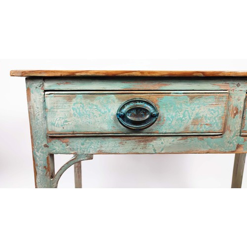 371 - WRITING TABLE, 19th century, the pine top on a blue distressed painted base, 83cm W x 47cm D x 77cm ... 