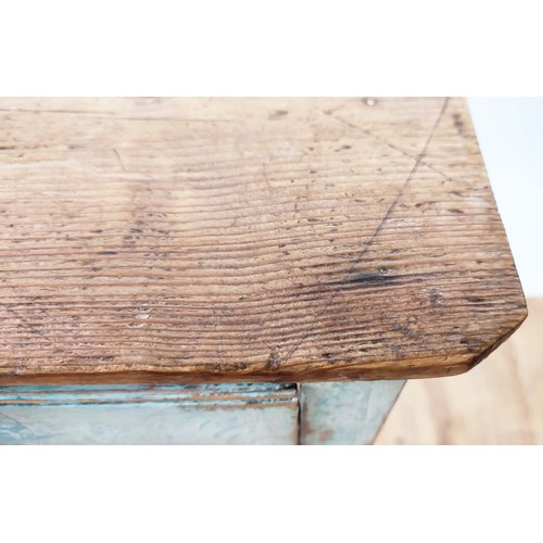 371 - WRITING TABLE, 19th century, the pine top on a blue distressed painted base, 83cm W x 47cm D x 77cm ... 