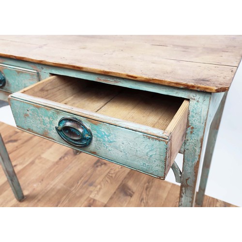 371 - WRITING TABLE, 19th century, the pine top on a blue distressed painted base, 83cm W x 47cm D x 77cm ... 