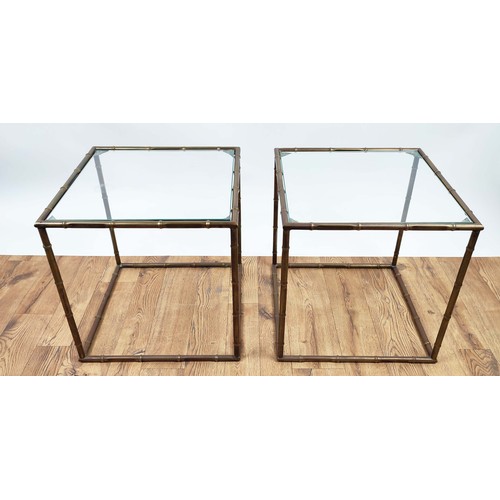 643 - SIDE TABLES, a pair, 1960's French style faux bamboo metal frames, glass tops, each 45cm W x 45cm D ... 