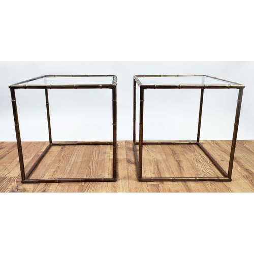 643 - SIDE TABLES, a pair, 1960's French style faux bamboo metal frames, glass tops, each 45cm W x 45cm D ... 