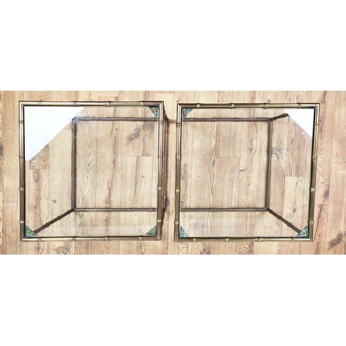 643 - SIDE TABLES, a pair, 1960's French style faux bamboo metal frames, glass tops, each 45cm W x 45cm D ... 