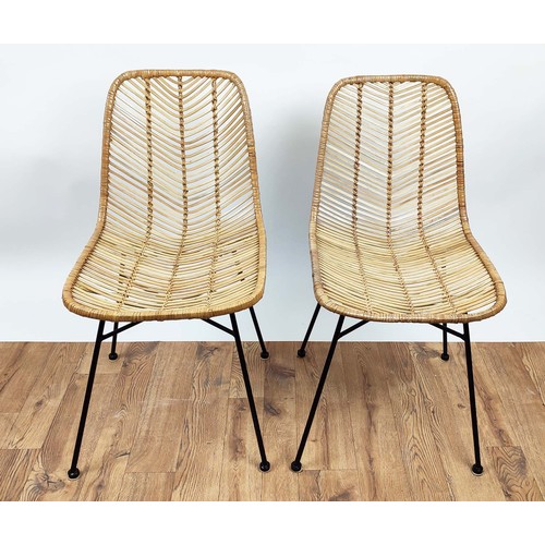 649 - DINING CHAIRS, a set of ten each 84cm H x 45cm W, lattice and wicker seats on metal base.