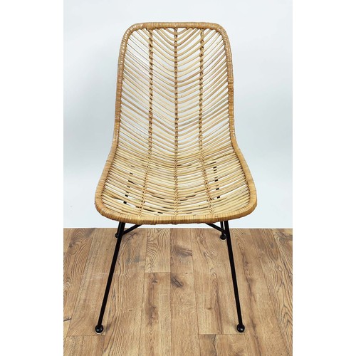 649 - DINING CHAIRS, a set of ten each 84cm H x 45cm W, lattice and wicker seats on metal base.