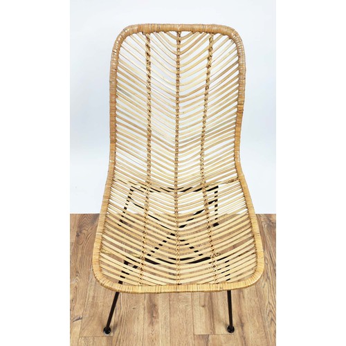 649 - DINING CHAIRS, a set of ten each 84cm H x 45cm W, lattice and wicker seats on metal base.