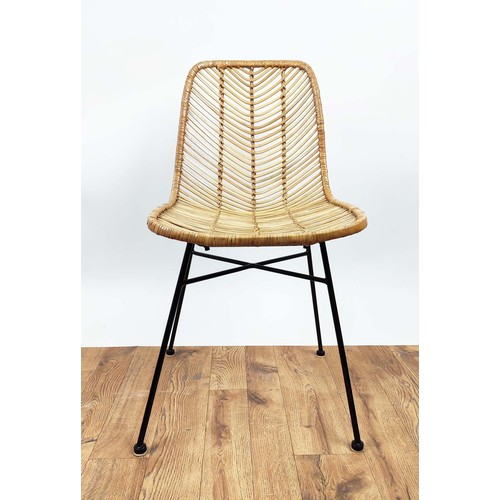 649 - DINING CHAIRS, a set of ten each 84cm H x 45cm W, lattice and wicker seats on metal base.