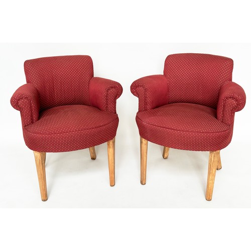 283 - BRIDGE/TUB ARMCHAIRS, a pair, mid 20th century polka dot upholstery with tapering supports, 66cm W. ... 