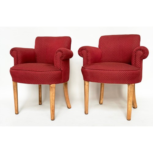 283 - BRIDGE/TUB ARMCHAIRS, a pair, mid 20th century polka dot upholstery with tapering supports, 66cm W. ... 