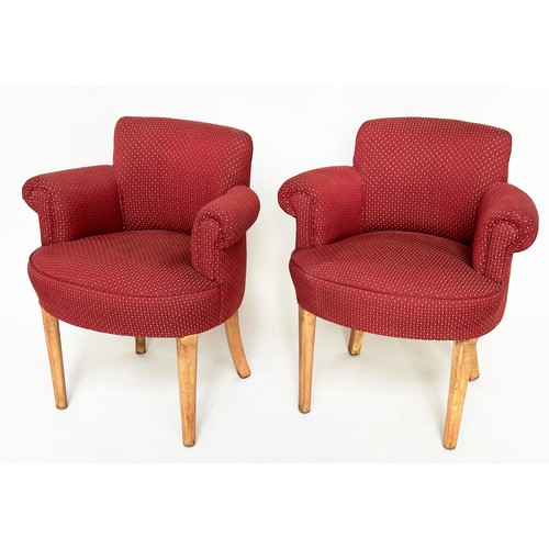 283 - BRIDGE/TUB ARMCHAIRS, a pair, mid 20th century polka dot upholstery with tapering supports, 66cm W. ... 