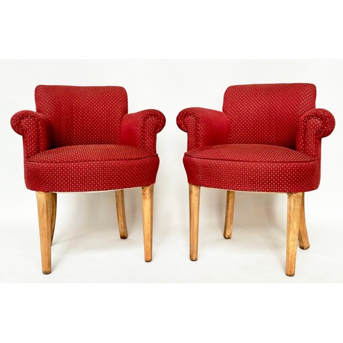 283 - BRIDGE/TUB ARMCHAIRS, a pair, mid 20th century polka dot upholstery with tapering supports, 66cm W. ... 