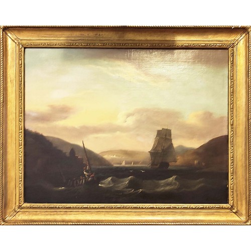 102 - 19TH CENTURY BRITISH SCHOOL, 'Ships in the Menai Strait', oil on canvas, 45cm x 57cm, gilt framed.