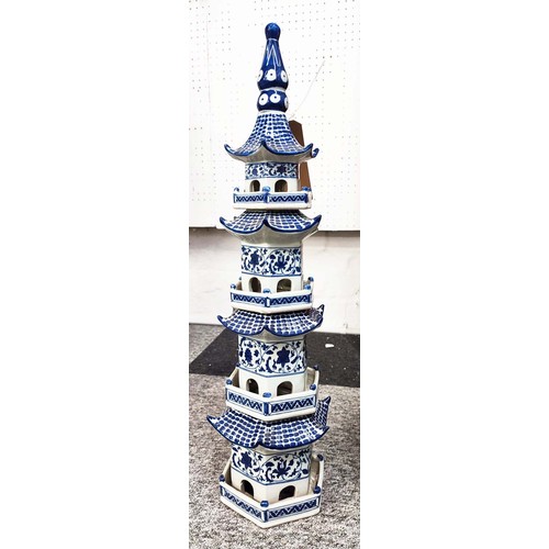 632 - PAOLO MOSCHINO PAGODA TOWER, blue and white ceramic, 118cm H.