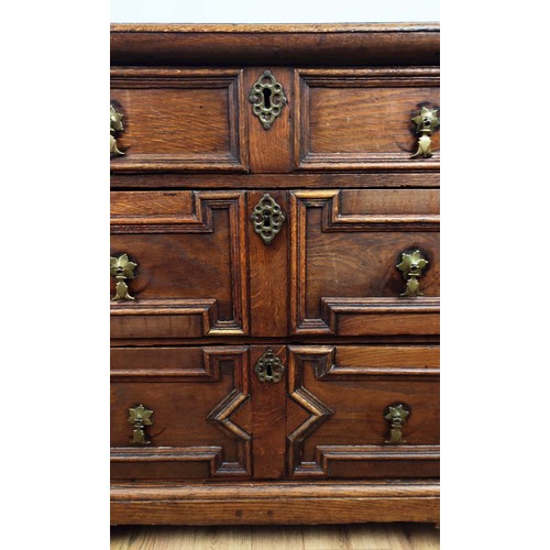 365 - LATE 17TH CENTURY OAK CHEST, three drawers with brass handles, 78cm H x 86.5cm W x 56cm D.