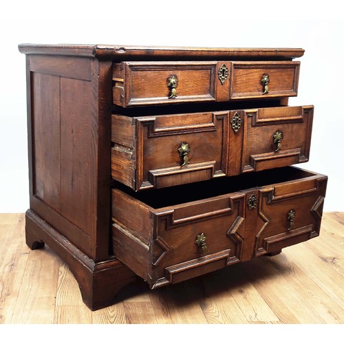 365 - LATE 17TH CENTURY OAK CHEST, three drawers with brass handles, 78cm H x 86.5cm W x 56cm D.