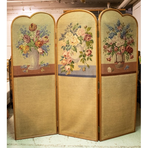 298 - FLOOR SCREEN, three fold, walnut with still life design petit point panels, initialled and dated 193... 