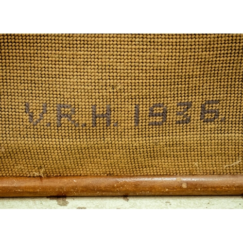 298 - FLOOR SCREEN, three fold, walnut with still life design petit point panels, initialled and dated 193... 