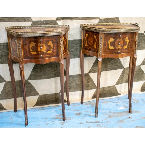 299 - TABLES DE NUIT, a pair, Louis XV style marquetry, each with three drawers and brass galleried top, 7... 