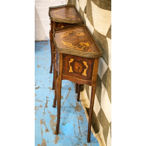 299 - TABLES DE NUIT, a pair, Louis XV style marquetry, each with three drawers and brass galleried top, 7... 