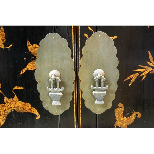 300 - CHINESE MARRIAGE CABINET, 108cm W x 173cm H x 61cm D black lacquered with gold coloured butterfly de... 