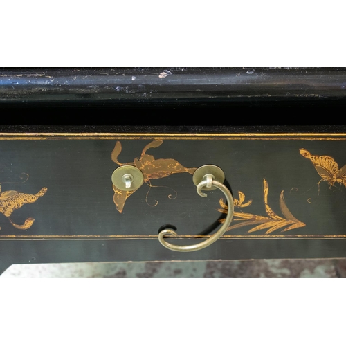 300 - CHINESE MARRIAGE CABINET, 108cm W x 173cm H x 61cm D black lacquered with gold coloured butterfly de... 