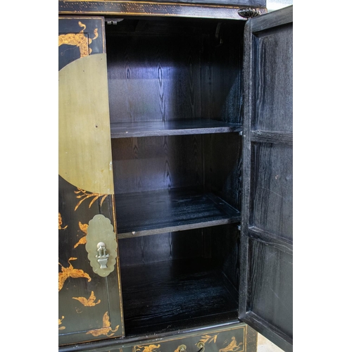 300 - CHINESE MARRIAGE CABINET, 108cm W x 173cm H x 61cm D black lacquered with gold coloured butterfly de... 