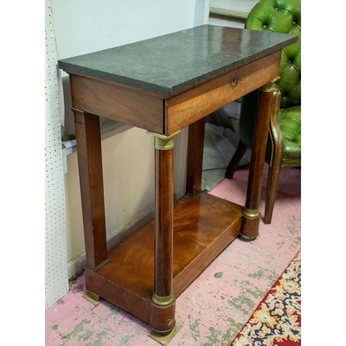 347 - AN EARLY 19TH CENTURY EMPIRE  MAHOGANY CONSOLE TABLE, marble top, frieze drawer, turned columns, pot... 