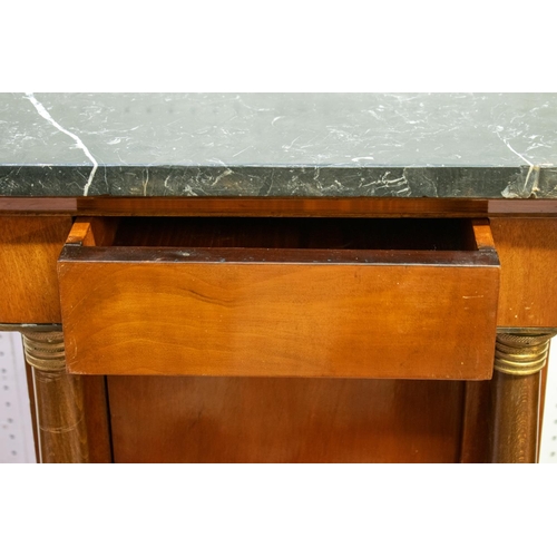 349 - AN EMPIRE STYLE MAHOGANY BEDSIDE CABINET, marble topped, having a frieze drawer over a single door, ... 