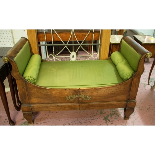 362 - AN EARLY 19TH CENTURY EMPIRE WALNUT CHILD'S LIT EN BATEAU, cast brass mounts, green upholstery, 81cm... 