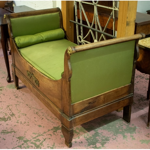 362 - AN EARLY 19TH CENTURY EMPIRE WALNUT CHILD'S LIT EN BATEAU, cast brass mounts, green upholstery, 81cm... 