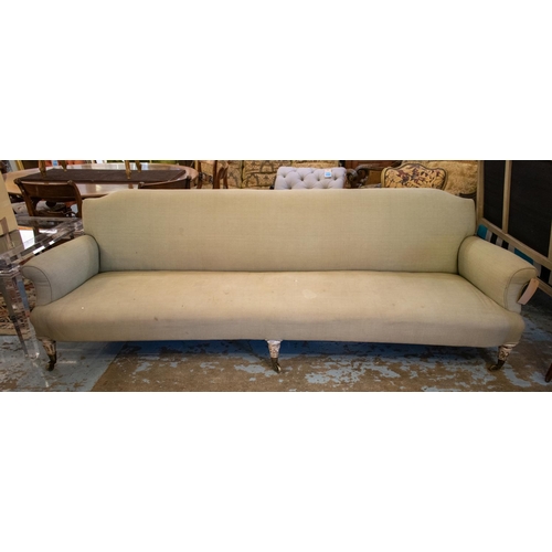 368 - SETTEE, Victorian white painted, fully upholstered seat, back and arms, sprung seat, raised on turne... 