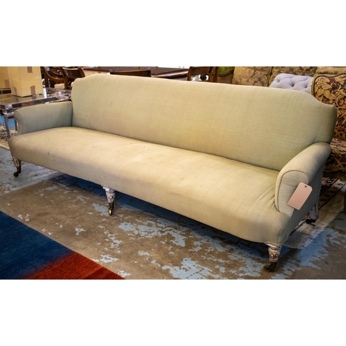 368 - SETTEE, Victorian white painted, fully upholstered seat, back and arms, sprung seat, raised on turne... 