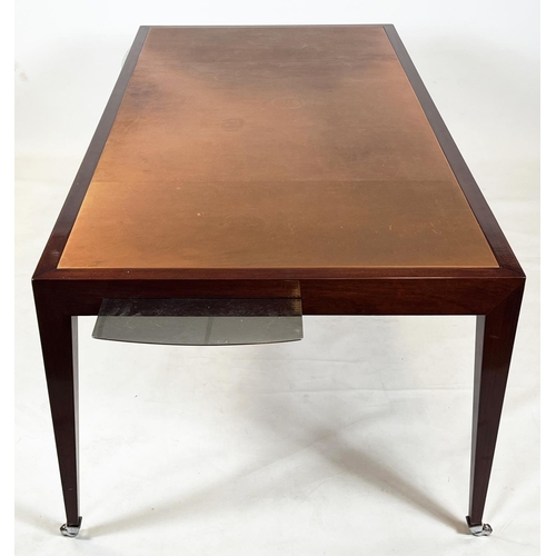 229 - EXECUTIVE WRITING/LIBRARY TABLE, in the manner of David Linley, tan leather with steel brushing slid... 