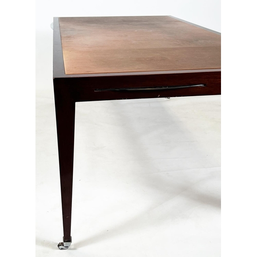 229 - EXECUTIVE WRITING/LIBRARY TABLE, in the manner of David Linley, tan leather with steel brushing slid... 