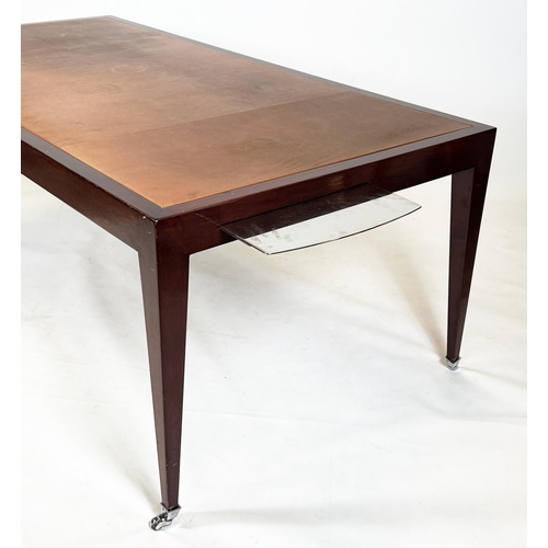 229 - EXECUTIVE WRITING/LIBRARY TABLE, in the manner of David Linley, tan leather with steel brushing slid... 