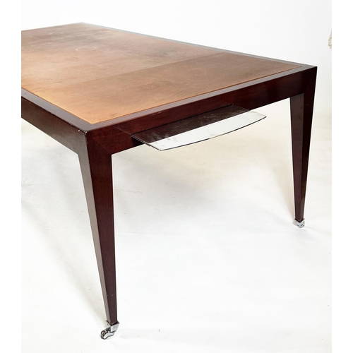 229 - EXECUTIVE WRITING/LIBRARY TABLE, in the manner of David Linley, tan leather with steel brushing slid... 