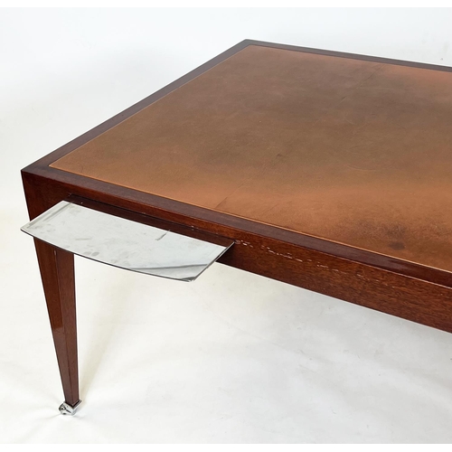 229 - EXECUTIVE WRITING/LIBRARY TABLE, in the manner of David Linley, tan leather with steel brushing slid... 